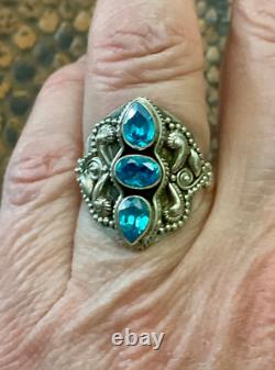 Ancienne Bague Trilogie Unique Argent Massif Ouvragé 3 Topazes Bleues