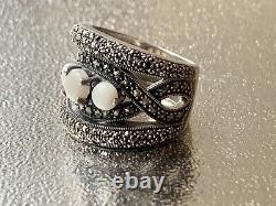 Ancienne Bague argent massif Art Deco opales & marcassites taille 56 (1,8 mm)
