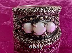 Ancienne Bague argent massif Art Deco opales & marcassites taille 56 (1,8 mm)
