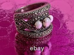 Ancienne Bague argent massif Art Deco opales & marcassites taille 56 (1,8 mm)