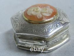 Ancienne Boite A Pilule Argent Massif Hexagonale Camée Fleur Silver Box