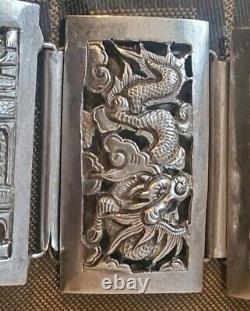 Ancienne Bracelet Chinées Antique En Argent Massif Déco Dragon