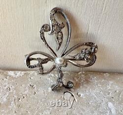 Ancienne Broche Argent Massif Et Vermeil Art Nouveau Perle Motif Trefle Vintage