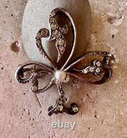 Ancienne Broche Argent Massif Et Vermeil Art Nouveau Perle Motif Trefle Vintage
