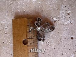 Ancienne Broche Argent Massif Et Vermeil Art Nouveau Perle Motif Trefle Vintage