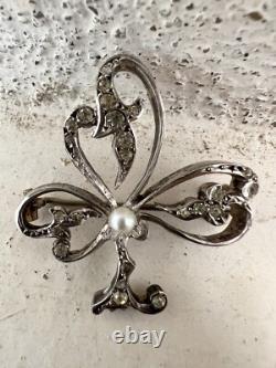 Ancienne Broche Argent Massif Et Vermeil Art Nouveau Perle Motif Trefle Vintage