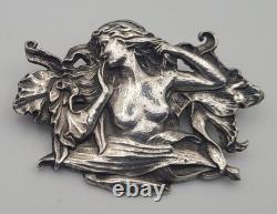 Ancienne Broche Pendentif Art Nouveau Argent Massif Nymphe Femme Fleur #F5