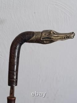 Ancienne Cannes à Système Tête de Crocodile Argent Massif Exposition Coloniale