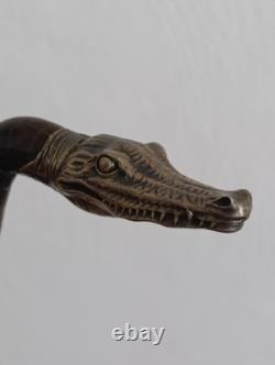 Ancienne Cannes à Système Tête de Crocodile Argent Massif Exposition Coloniale
