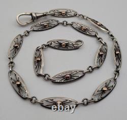 Ancienne Chaîne de Montre Gousset Art Nouveau Argent Massif & Or 18K # K4
