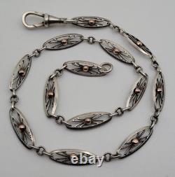 Ancienne Chaîne de Montre Gousset Art Nouveau Argent Massif & Or 18K # K4