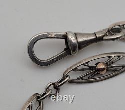 Ancienne Chaîne de Montre Gousset Art Nouveau Argent Massif & Or 18K # K4