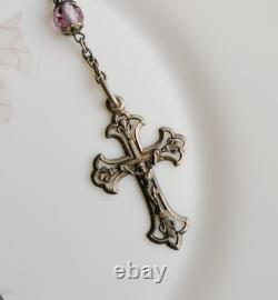 Ancienne Chapelet rosaire en argent massif croix religieux christian sacré-coeur