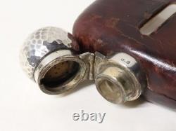 Ancienne Flasque de chasse/poche anglaise verre soufflé cuir argent massif XIXe