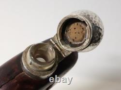 Ancienne Flasque de chasse/poche anglaise verre soufflé cuir argent massif XIXe