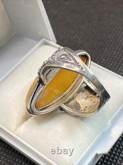 Ancienne Grosse Bague En Argent Massif et Ambre de la Baltique