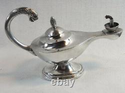 Ancienne Lampe A Huile Pétrole Aladin Argent Massif Tete De Lion Oil Lamp Silver