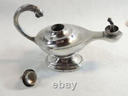 Ancienne Lampe A Huile Pétrole Aladin Argent Massif Tete De Lion Oil Lamp Silver