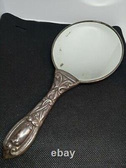 Ancienne Miroir Face A Main En Argent Massif 800 Decoration Fleurs Ref S960