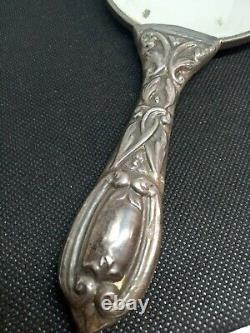 Ancienne Miroir Face A Main En Argent Massif 800 Decoration Fleurs Ref S960