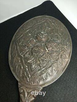 Ancienne Miroir Face A Main En Argent Massif 800 Decoration Fleurs Ref S960