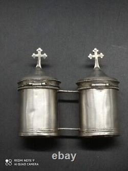 Ancienne Paire d'ampoules à huile sainte OS-SC en argent massif poinçonné