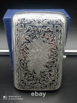 Ancienne Tabatière, Boite à cigarette Argent Massif Niellé Russe 1892, poinçonnée