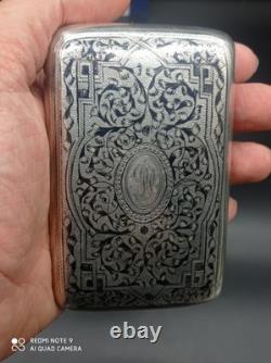 Ancienne Tabatière, Boite à cigarette Argent Massif Niellé Russe 1892, poinçonnée