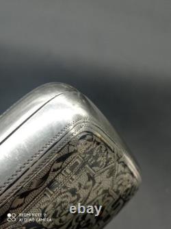 Ancienne Tabatière, Boite à cigarette Argent Massif Niellé Russe 1892, poinçonnée