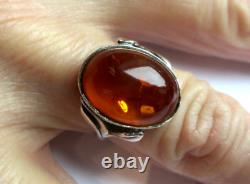 Ancienne bague argent massif poinçonnée ambre véritable bijou vintage taille 52