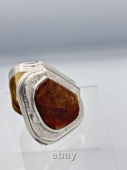 Ancienne boite à priser tabatière argent massif 18 ème couvercle Pierre agate