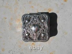 Ancienne boîte argent massif poinçon Lion anglais antique silver box décor coeur