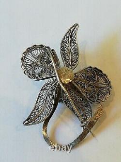 Ancienne broche Fleur en argent massif filigranée