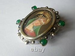 Ancienne broche ou pendentif en argent massif, peinture, Sainte Vierge Marie