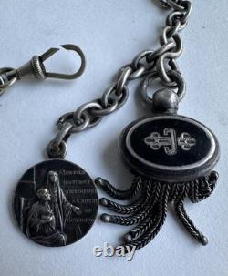 Ancienne châtelaine chaîne montre gousset catholique religieux argent massif XIX