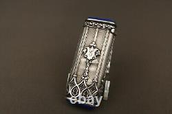 Ancienne et Rare Boite Allumettes en Argent Massif et Lapis Lazuli Brevete