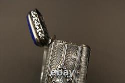 Ancienne et Rare Boite Allumettes en Argent Massif et Lapis Lazuli Brevete