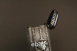 Ancienne et Rare Boite Allumettes en Argent Massif et Lapis Lazuli Brevete