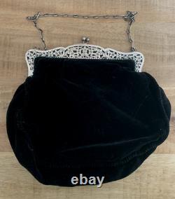 Ancienne grande bourse sac en argent massif velours aumonière