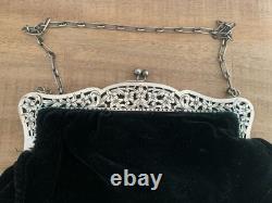 Ancienne grande bourse sac en argent massif velours aumonière
