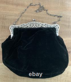 Ancienne grande bourse sac en argent massif velours aumonière