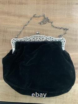 Ancienne grande bourse sac en argent massif velours aumonière