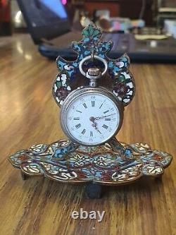 Ancienne montre à gousset en argent massif et son porte montre en cloisonné