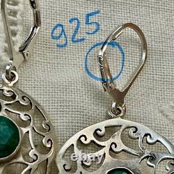 Anciennes Boucles D'oreilles Ajourée Argent Massif Très Belle Émeraude