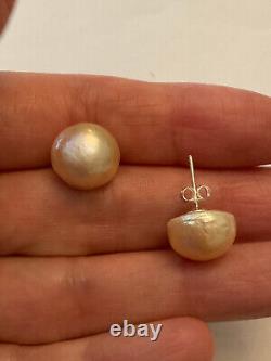 Anciennes Boucles D'oreilles Argent Massif Énorme Perle Rose Naturelle