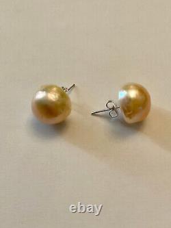 Anciennes Boucles D'oreilles Argent Massif Énorme Perle Rose Naturelle