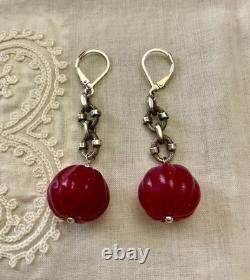 Anciennes Boucles D'oreilles Argent Massif Enorme Rubis Naturel Sculpté