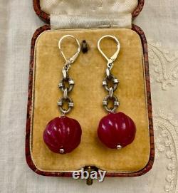 Anciennes Boucles D'oreilles Argent Massif Enorme Rubis Naturel Sculpté