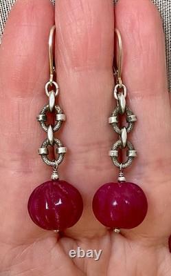 Anciennes Boucles D'oreilles Argent Massif Enorme Rubis Naturel Sculpté