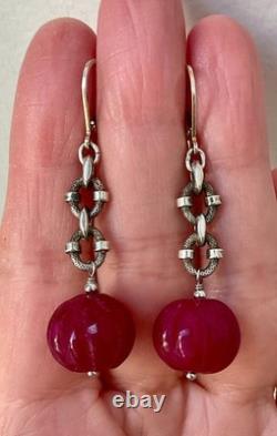 Anciennes Boucles D'oreilles Argent Massif Enorme Rubis Naturel Sculpté